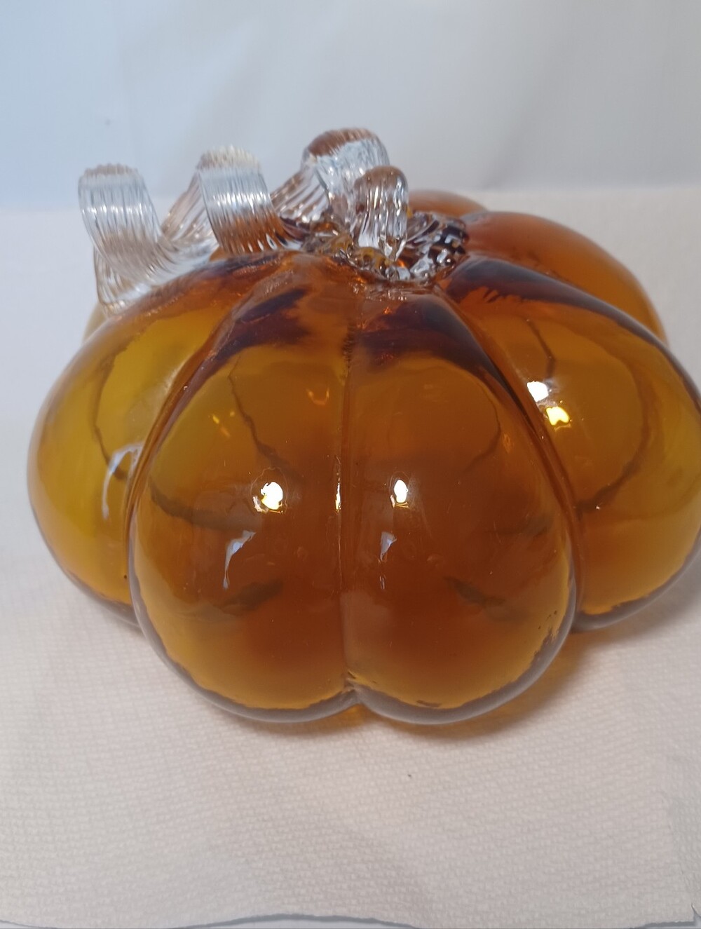 Handblown Glass Pumpkin With Curly Ribbed Stem Orange with White Stem